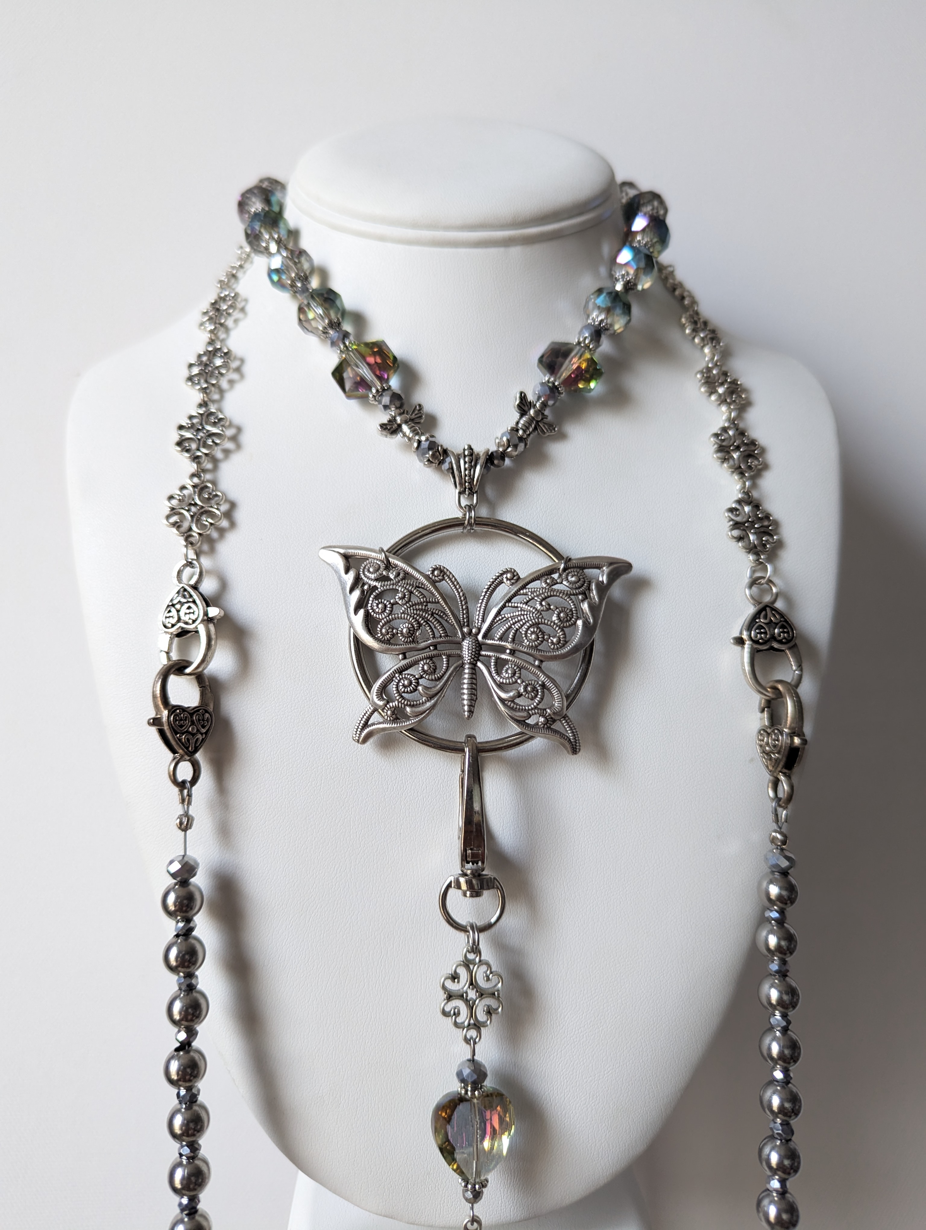 Silver butterfly body chain with crystal beads and layered chains